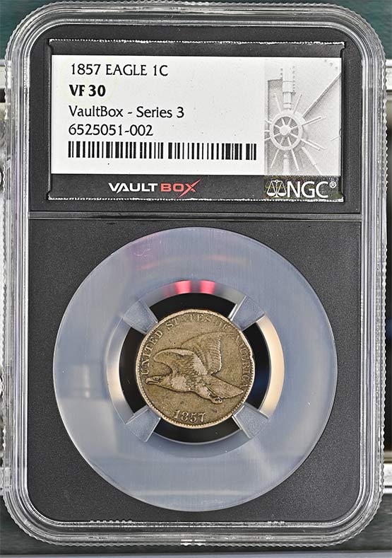 1857 Flying Eagle Cent NGC VF30 Vaultbox Series 3 Front