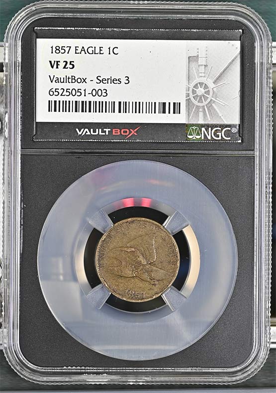 1857 Flying Eagle Cent NGC VF25 Vaultbox Series 3 Front