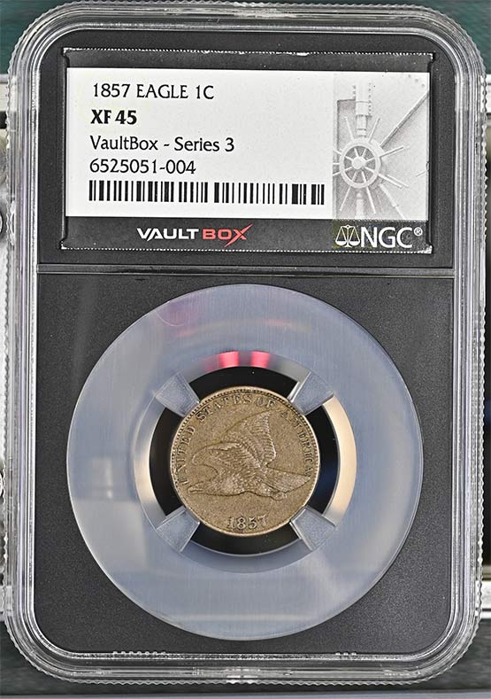1857 Flying Eagle Cent NGC XF45 Vaultbox Series 3 Front