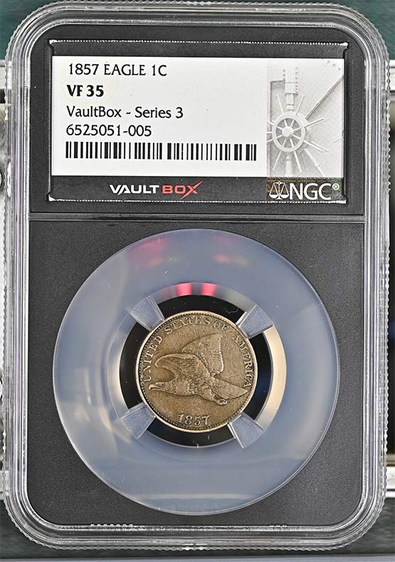 1857 Flying Eagle Cent NGC VF35 Vaultbox Series 3 Front
