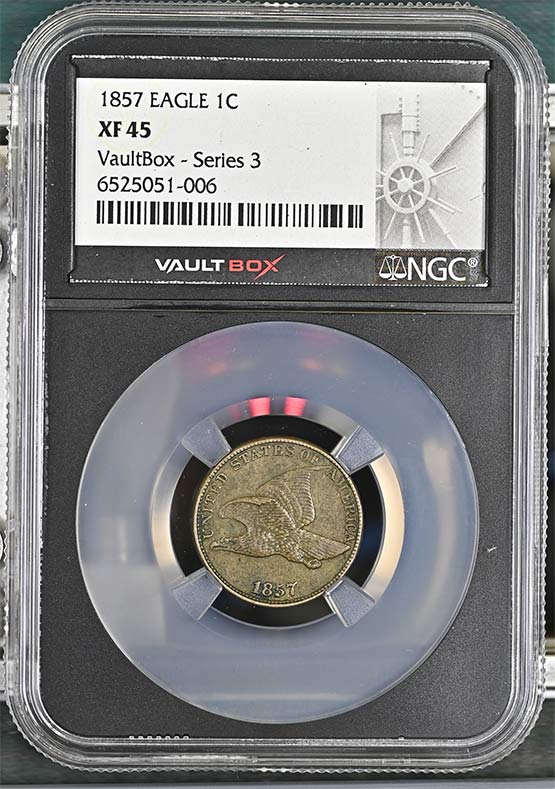 1857 Flying Eagle Cent NGC XF45 Vaultbox Series 3 Front