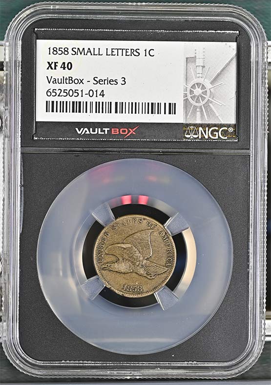 1858 Small Letters Flying Eagle Cent NGC XF40 Vaultbox Series 3 Front