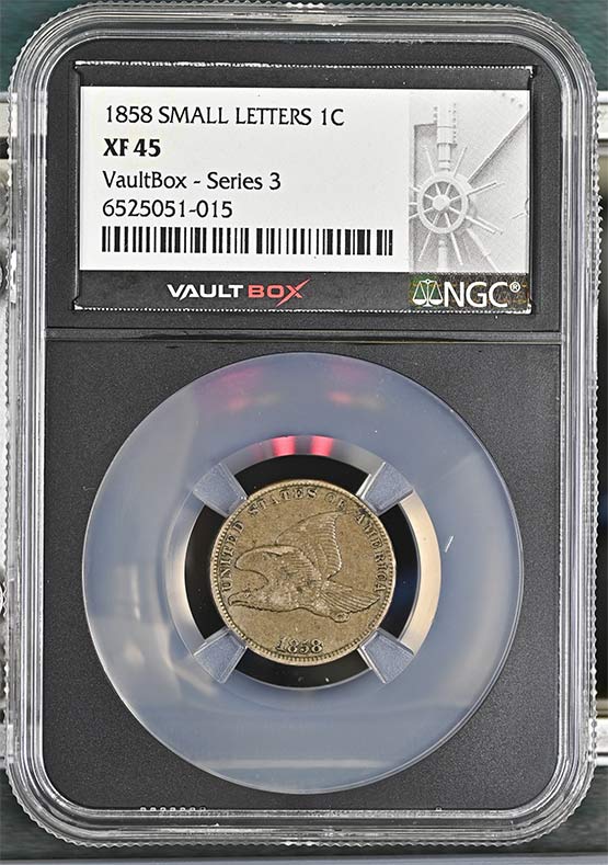 1858 Small Letters Flying Eagle Cent NGC XF45 Vaultbox Series 3 Front