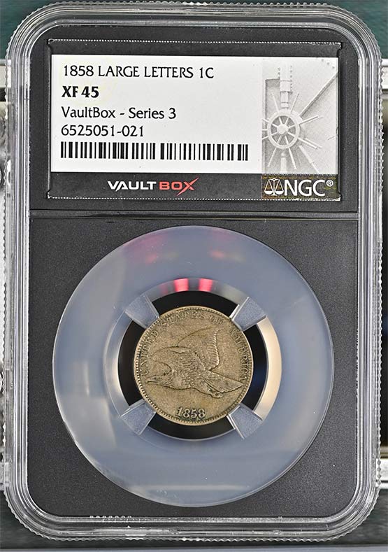 1858 Large Letters Flying Eagle Cent NGC XF45 Vaultbox Series 3 Front