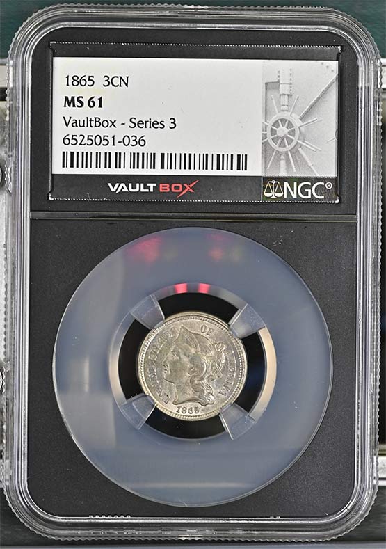 1865 Three-Cent Nickel NGC MS61 Vaultbox Series 3 Front