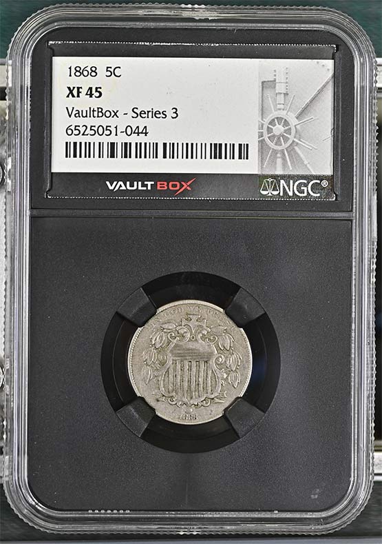 1868 Shield Nickel NGC XF45 Vaultbox Series 3 Front