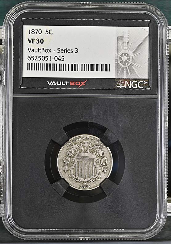 1870 Shield Nickel NGC VF30 Vaultbox Series 3 Front