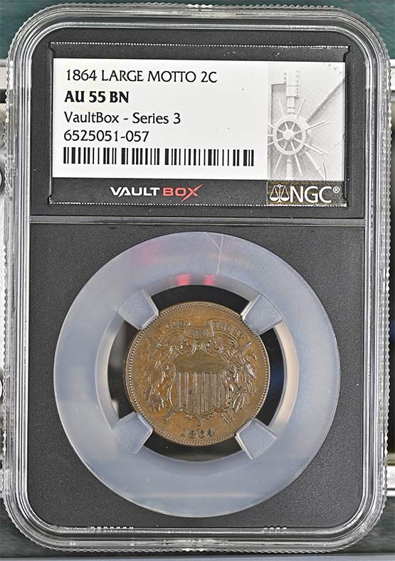 1864 Large Motto Shield Two-Cent Piece NGC AU55BN Vaultbox Series 3 Front