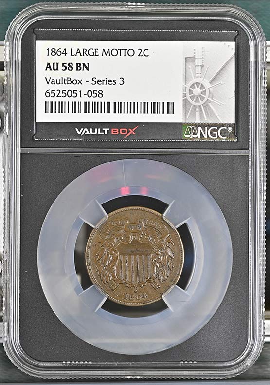 1864 Large Motto Shield Two-Cent Piece NGC AU58BN Vaultbox Series 3 Front