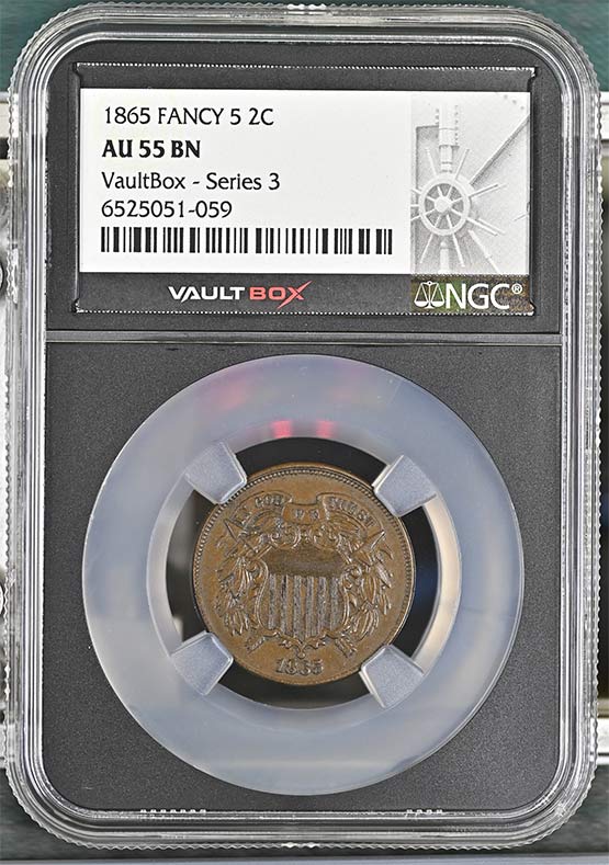 1865 Fancy 5 Shield Two-Cent Piece NGC AU55BN Vaultbox Series 3 Front