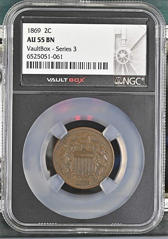 1869 Shield Two-Cent Piece NGC AU55BN Vaultbox Series 3 Front