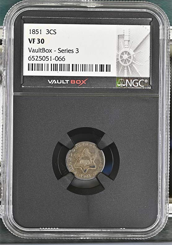 1851 Three-Cent Silver Piece NGC VF30 Vaultbox Series 3 Front
