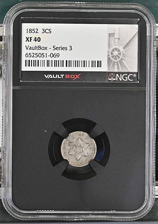 1852 Three-Cent Silver Piece NGC XF40 Vaultbox Series 3 Front