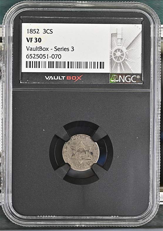 1852 Three-Cent Silver Piece NGC VF30 Vaultbox Series 3 Front