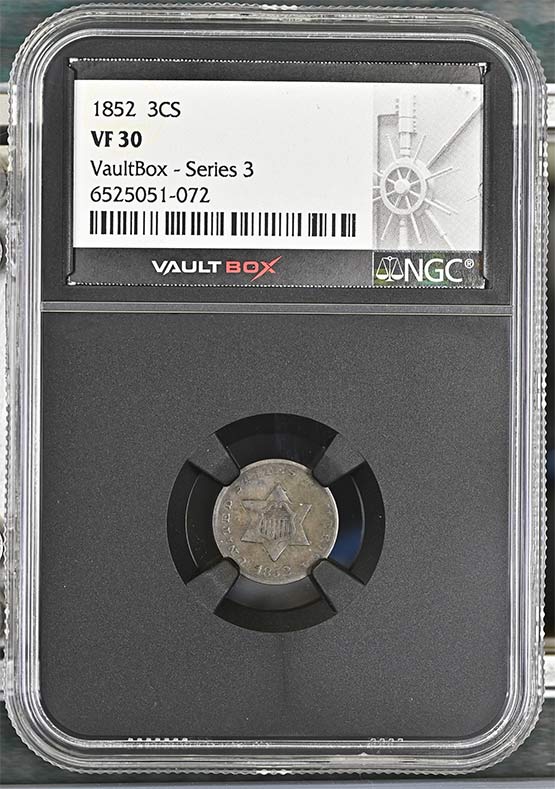 1852 Three-Cent Silver Piece NGC VF30 Vaultbox Series 3 Front