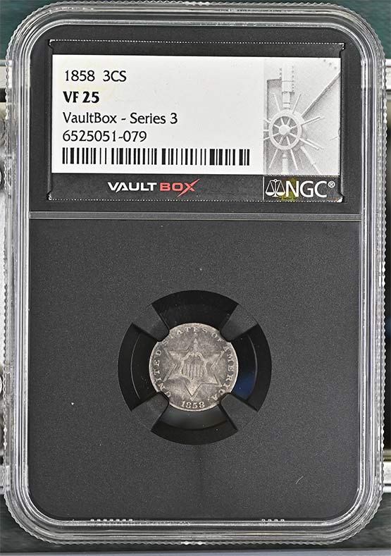 1858 Three-Cent Silver Piece NGC VF25 Vaultbox Series 3 Front