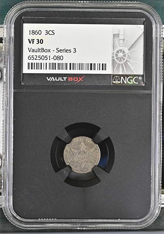 1860 Three-Cent Silver Piece NGC VF30 Vaultbox Series 3 Front