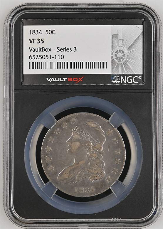 1834 Capped Bust Lettered Edge Half Dollar NGC VF35 Vaultbox Series 3 Front