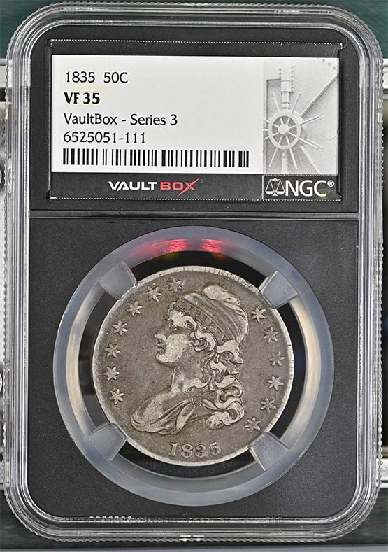 1835 Capped Bust Lettered Edge Half Dollar NGC VF35 Vaultbox Series 3 Front