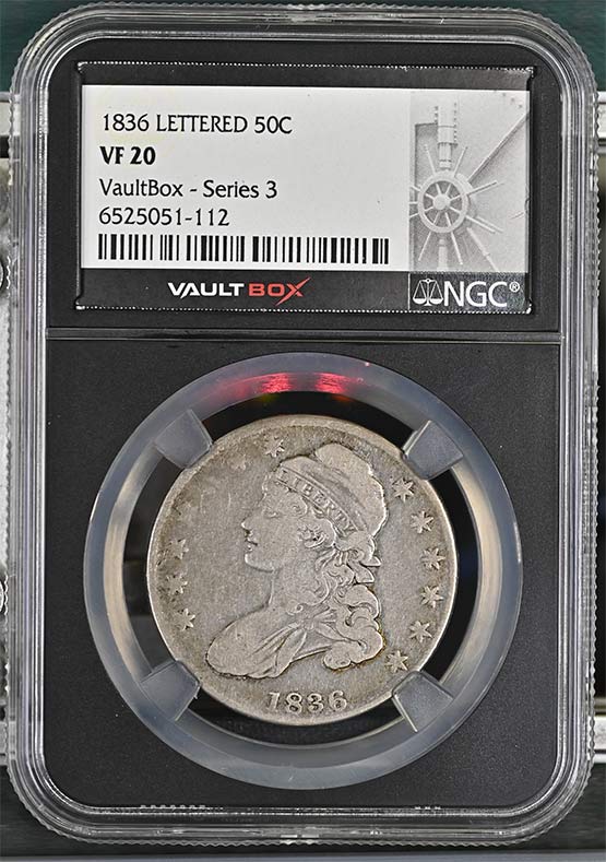 1836 Capped Bust Lettered Edge Half Dollar NGC VF20 Vaultbox Series 3 Front