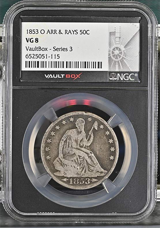 1853-O Arr & Rays Seated Liberty Half Dollar NGC VG8 Vaultbox Series 3 Front