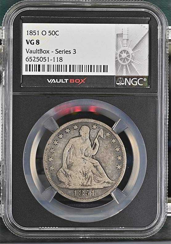 1851-O Seated Liberty Half Dollar NGC VG8 Vaultbox Series 3 Front