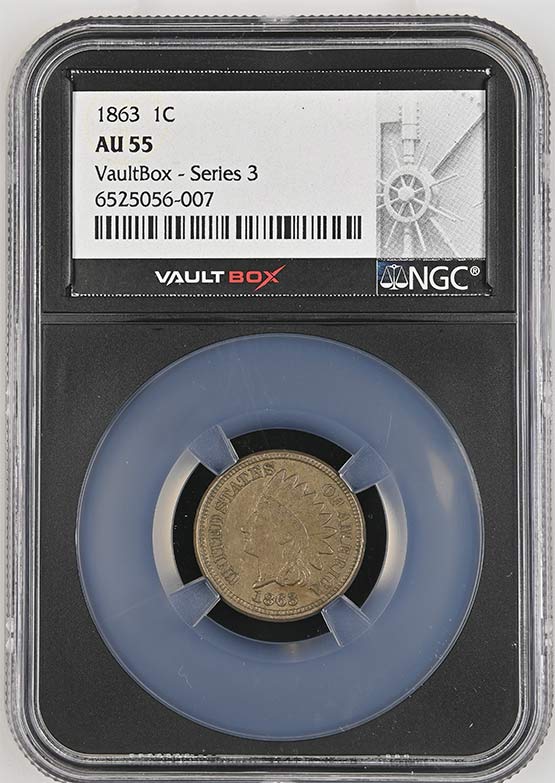 1863 Copper Nickel Indian Head Cent NGC AU55 Vaultbox Series 3 Front