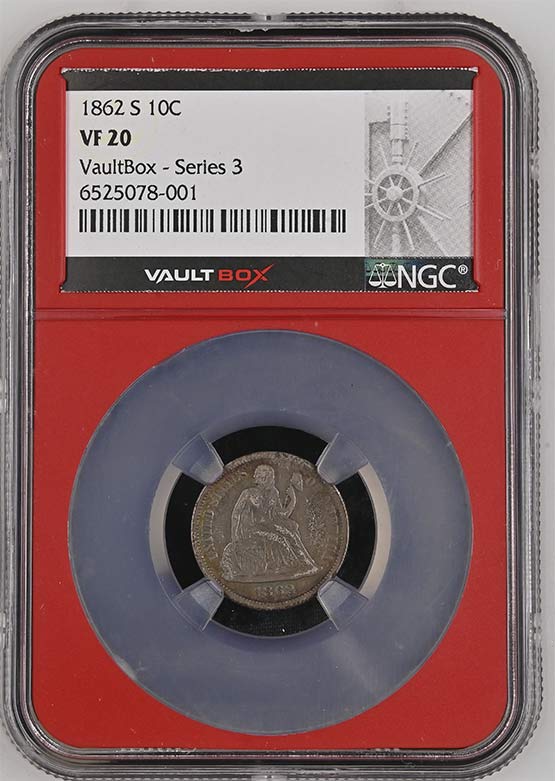 1862-S Seated Liberty Dime NGC VF20 Vaultbox Series 3 Front