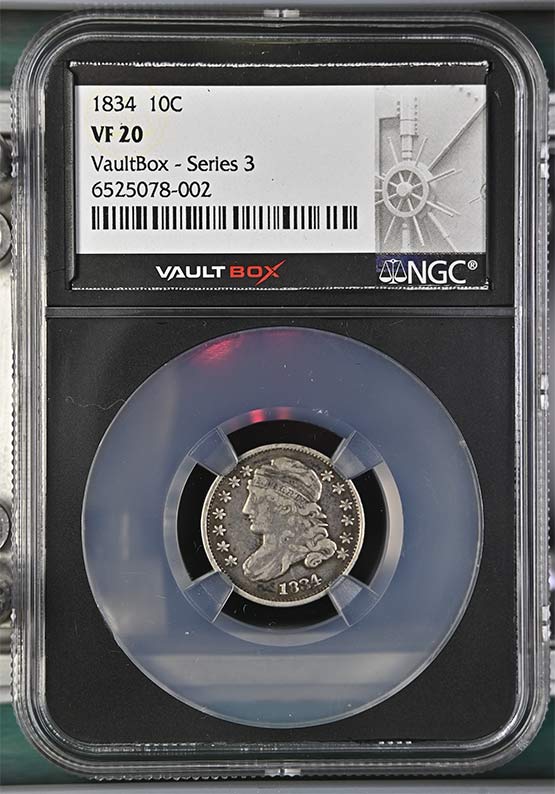 1834 Capped Bust Dime NGC VF20 Vaultbox Series 3 Front