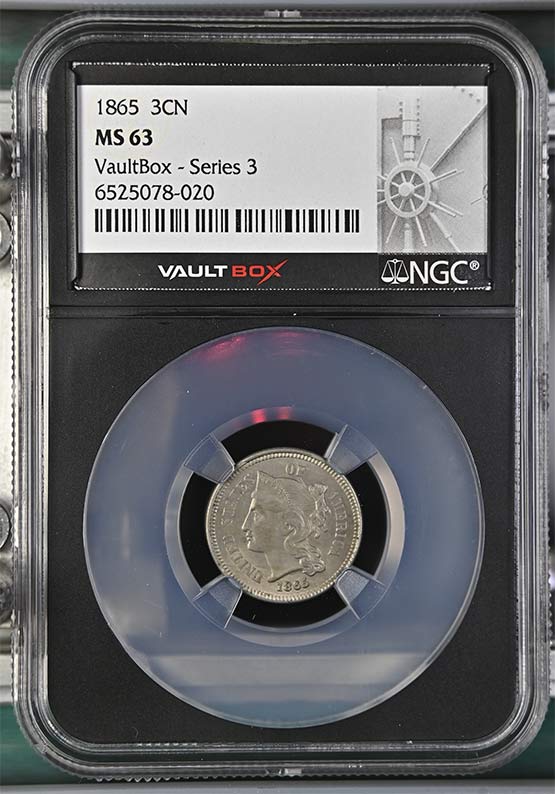 1865 Three-Cent Nickel NGC MS63 Vaultbox Series 3 Front