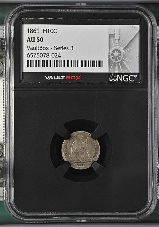 1861 Seated Liberty Half Dime NGC AU50 Vaultbox Series 3 Front