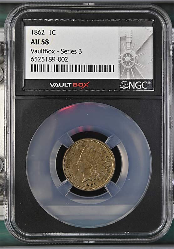 1862 Copper Nickel Indian Head Cent NGC AU58 Vaultbox Series 3 Front