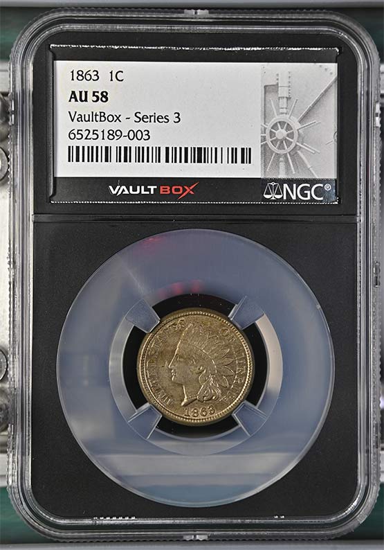 1863 Copper Nickel Indian Head Cent NGC AU58 Vaultbox Series 3 Front