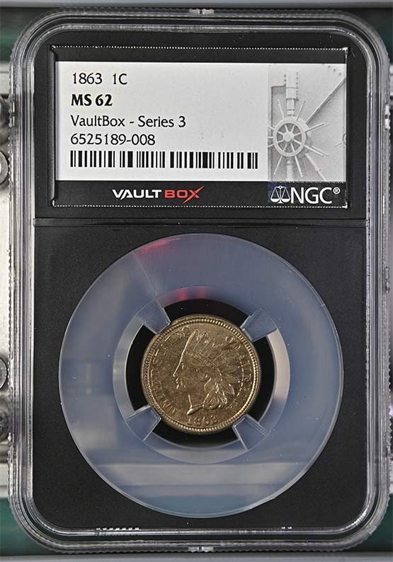 1863 Copper Nickel Indian Head Cent NGC MS62 Vaultbox Series 3 Front