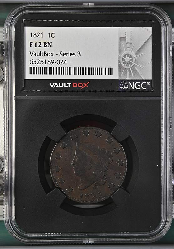 1821 Classic Head Large Cent NGC F12 Vaultbox Series 3 Front