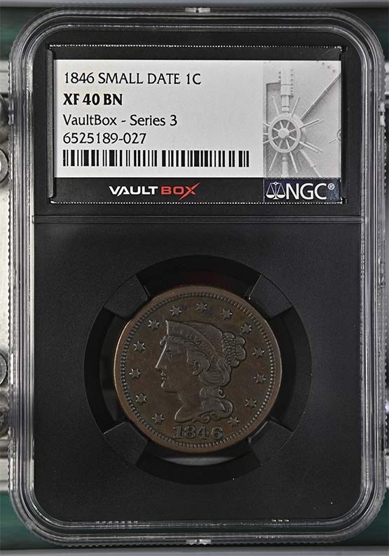1846 Small Date Braided Hair Large Cent NGC XF40 Vaultbox Series 3 Front