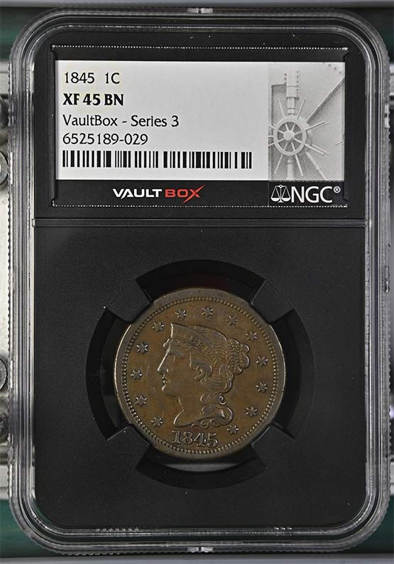 1845 Braided Hair Large Cent NGC XF45 Vaultbox Series 3 Front