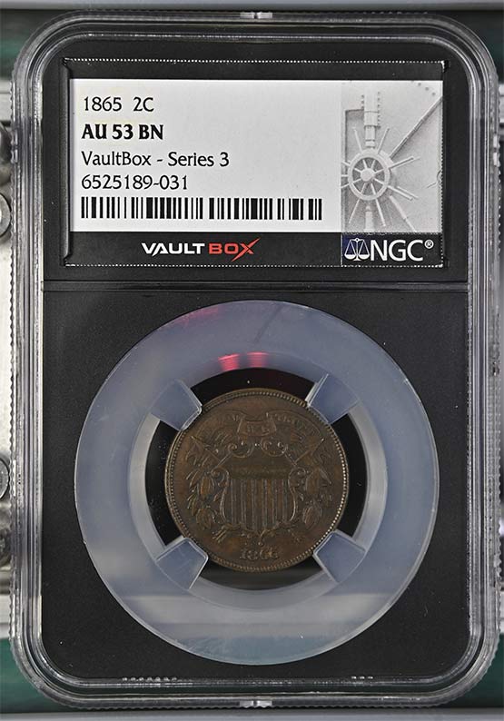 1865 Shield Two-Cent Piece NGC AU53 Vaultbox Series 3 Front