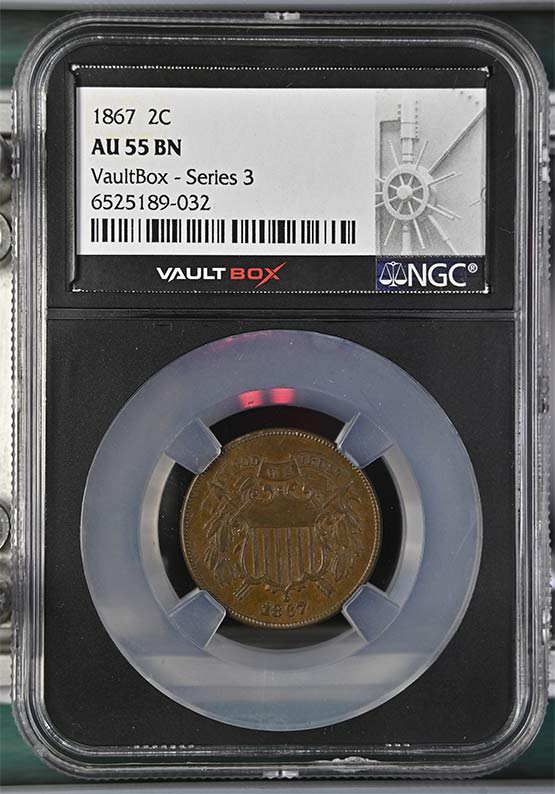 1867 Shield Two-Cent Piece NGC AU55 Vaultbox Series 3 Front