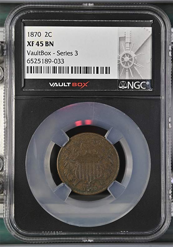 1870 Shield Two-Cent Piece NGC XF45 Vaultbox Series 3 Front