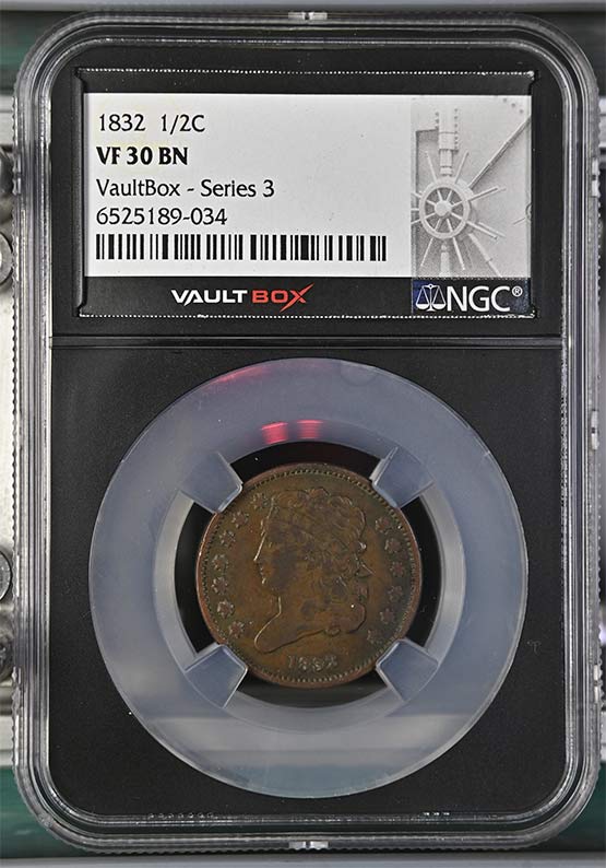 1832 Classic Head Half Cent NGC VF30 Vaultbox Series 3 Front