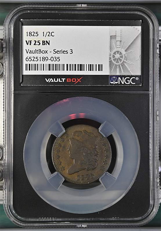 1825 Classic Head Half Cent NGC VF25 Vaultbox Series 3 Front