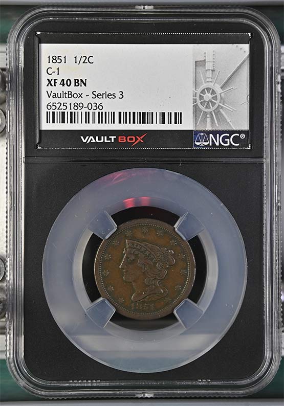 1851 Braided Hair Half Cent NGC XF40 Vaultbox Series 3 Front
