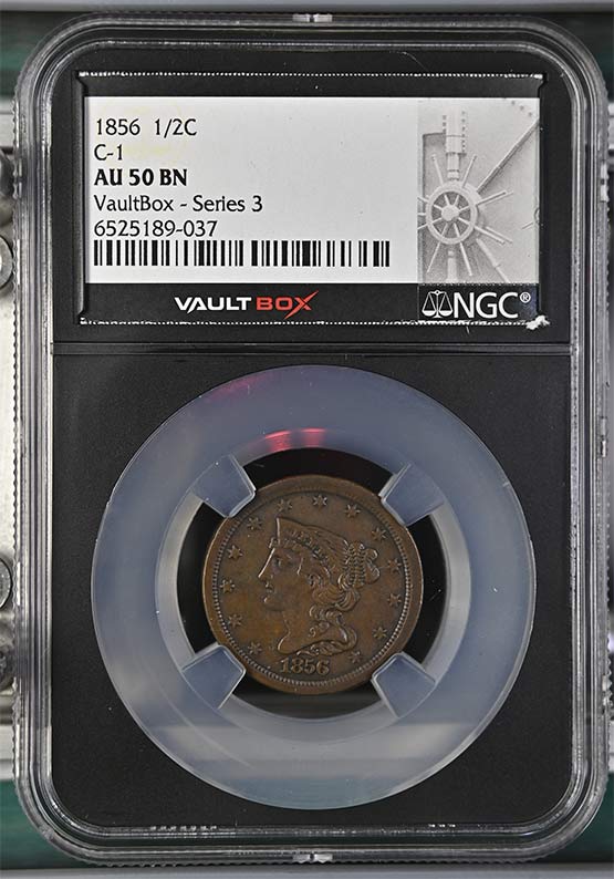 1856 Braided Hair Half Cent NGC AU50 Vaultbox Series 3 Front