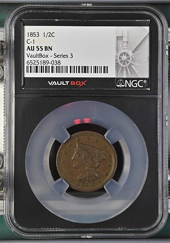 1853 Braided Hair Half Cent NGC AU55 Vaultbox Series 3 Front
