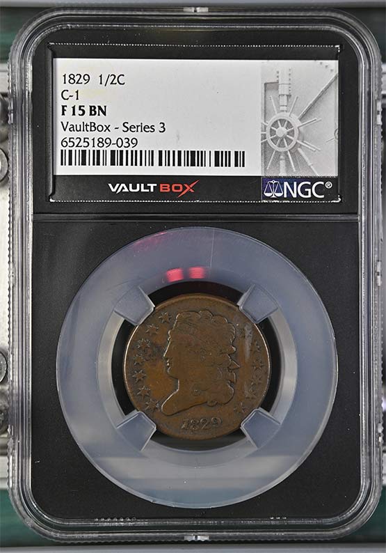 1829 Classic Head Half Cent NGC F15 Vaultbox Series 3 Front