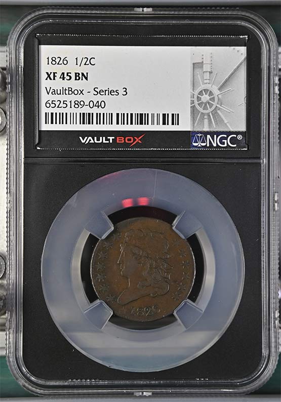 1826 Classic Head Half Cent NGC XF45 Vaultbox Series 3 Front