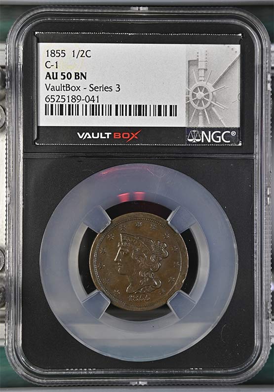 1855 Braided Hair Half Cent NGC AU50 Vaultbox Series 3 Front