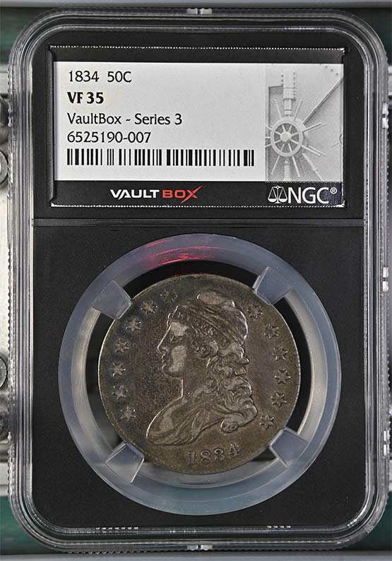 1834 Capped Bust Lettered Edge Half Dollar NGC VF35 Vaultbox Series 3 Front