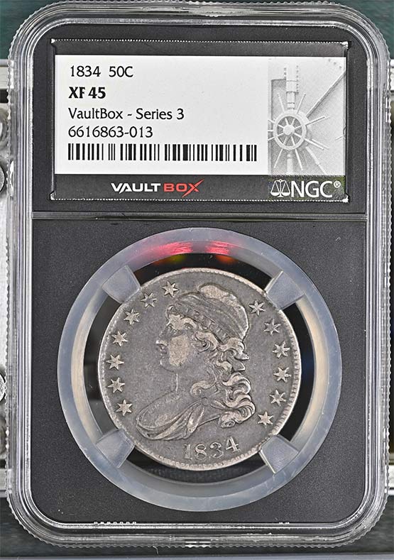 1834 Capped Bust Lettered Edge Half Dollar NGC XF45 Vaultbox Series 3 Front